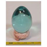 Teal Glass Egg Paperweight with Pink Stone Stand