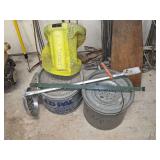 Old Pal Minnow Bucket, Galvanized Minnow Bucket, Yellow Mesh Bag, and Metal Strainer