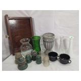 Mixed Grouping of Glass Insulators, Ceramic Vases, Enamelware Mugs, and Wooden Serving Tray