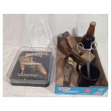 Mixed Lot of Houdini Lever Corkscrew, Wood Block Plane, Root Beer Bottles, Surgical Hemostats, and Ceramic Mug