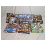 Group of Six Jigsaw Puzzles Featuring Wildlife and Outdoor Themes Including Realtree, Cobble Hill, and Buffalo Games