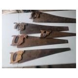 Group of Four Wooden Hand Saws and One Small Hand Saw