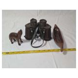 Hensoldt Wetzlar 8x30 Binoculars with Wooden Wolf Figurine and Carved Wood Canoe Dish