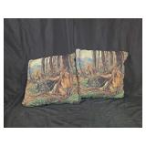 Two Woven Tapestry Throw Pillows Featuring Native American Archer and Wildlife Scene