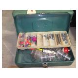 Metal Victor Tackle Box Containing Fishing Lures, Sinkers, and Accessories
