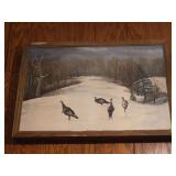Signed Original Oil Painting Depicting Wild Turkeys in Snowscape, Dated 1977
