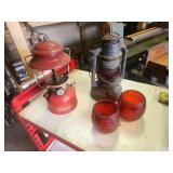 Coleman Red Fuel Lantern and Dietz Dark Gray Kerosene Lantern with Two Extra Red Glass Globes