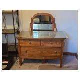 Oak Wood Dresser with Swiveling Mirror and Protective Glass Top