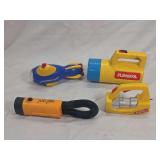 Four Plastic Toy Flashlights and Submarine Lamp by Playskool, Tonka, and Coleman