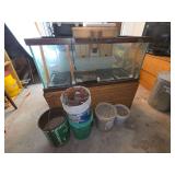Glass Aquarium with Wooden Stand, Filter, Undergravel Filter Plates, Substrate Buckets, and Decorations