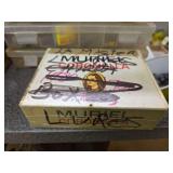 Group of Hand-Carved Wooden Fishing Lures with Cardboard Box