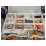 Assorted Fishing Lures and Tackle in Plastic Organizer Box