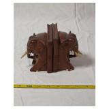 Carved Wooden Elephant Bookends with Bone Inlays