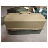 Plano Molded Plastic Cantilever Tackle Box with Contents Including Fishing Lures, Hooks, Weights, and Pliers