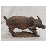 Carved Wooden Buffalo Sculpture on Base