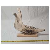 Scrimshaw Decorated Mammalian Mandible with Wood Display Stand