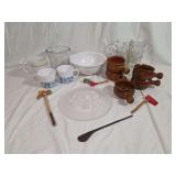 Kitchenware Assortment Including Ceramic Bowls, Glassware, and Decorative Wooden Utensils