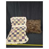 Three Decorative Throw Pillows Including Two Quilted Patchwork Pillows with Ruffled Eyelet Trim and One Brown Faux Fur Pillow