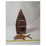 Handcrafted Wooden Rowboat Wall Shelf and Decorative Fish Figurine
