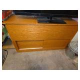 Oak Media Console with Sliding Doors and Hinged Top Compartments