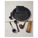 Smoking Pipes, Black Speckled Metal Tray, and Black Bifold Wallet Lot