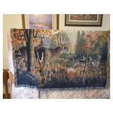 Woven Tapestry Throw Blanket Depicting White-Tailed Deer in Forest Landscape