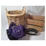 Group of Four Wicker and Rattan Baskets with Purple Fabric Bags