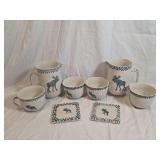 Ceramic Pitchers, Cups, and Coasters with Blue Moose Motif