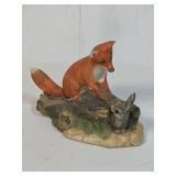 Ceramic Fox and Rabbit Figurine on Log Base