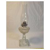 Clear Pressed Glass Kerosene Lamp with Greek Key Pattern and Metal Burner