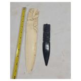 Two Carved Letter Openers in Animal Material and Dark Stone