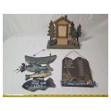Set of Three Wooden Fishing Themed Decor Items Including Frame Plaque and Thermometer