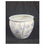 Blue and White Porcelain Fish Bowl Planter with Floral and Avian Motifs