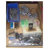 Assorted Fishing Tackle Including Lead Sinkers, Jig Heads, Hooks, Plastic Baits, and Tackle Boxes