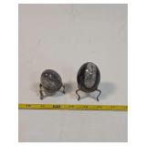 Two Polished Stone Eggs with Metal Display Stands