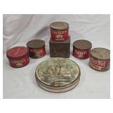 Group of Six Metal Coffee Tins and One Decorative Round Tin