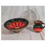 Mexican Ceramic Bowl and Mug Signed Felipe M Playa Del Carmen with Glass Jar