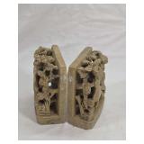 Carved Soapstone Bookends with Peacock and Floral Motif - Pair