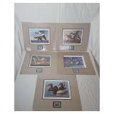 Group of Five South Dakota Migratory Bird Certification Duck Stamp Prints with Matching Stamps