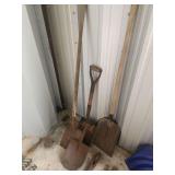 Three Wooden-Handled Metal Shovels and One Metal Hammer Head