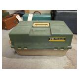 Plano Molded Company Green and Tan Plastic Tackle Box with Assorted Fishing Lures, Hooks, and Weights