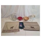 Kitchenware and Linens Group Including Kilner Jar, Crock-Pot Bowl, Signature Stoneware Bowl, Glass Pitcher, and Embroidered Towels