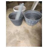 Three Plastic Planters and Galvanized Wire Mesh Roll