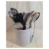Mainstays White Stoneware Utensil Holder with Mixed Kitchen Utensils
