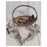 Two Manual Meat Grinders with Basket and Accessories