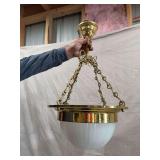 Brass and White Frosted Glass Bowl Chandelier with Four-Light Socket Assembly