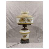 Milk Glass Electric Table Lamp with Floral Decals and Metal Base