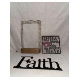 Three Metal Wall Decor Pieces Including 'Faith' Sign, 'Coffee & Friends' Plaque, and Scrollwork Frame