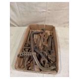 Assorted Metal Wrenches and Hand Tools in Cardboard Box