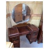 Montgomery Ward Wood Vanity Table with Round Mirror and Drawers